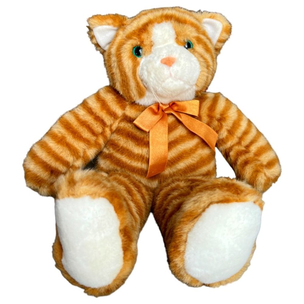 CUTEST EVER! Striped Orange Tabby Cat Blue-Green Eyes Orange Bow Plush 15" x 13"